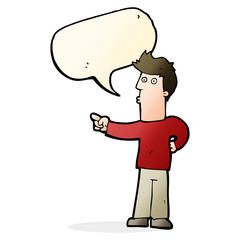 cartoon curious man pointing with speech bubble