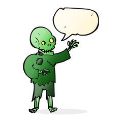 cartoon skeleton waving with speech bubble