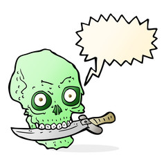 cartoon pirate skull with knife in teeth with speech bubble