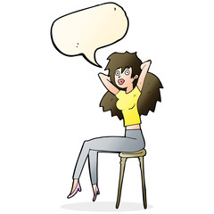 cartoon woman posing on stool with speech bubble