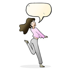 cartoon happy girl kicking out leg with speech bubble