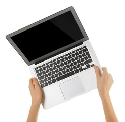 Fototapeta na wymiar Modern laptop in hands isolated on white background