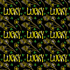 Fototapeta na wymiar Seamless pattern with vector images of golden clover and holiday St. Patrick's quote on a black. 