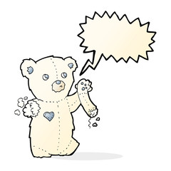 cartoon teddy polar bear with torn arm with speech bubble