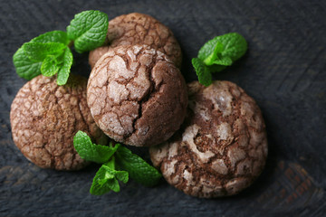 Chocolate chip cookie with mint, closeup