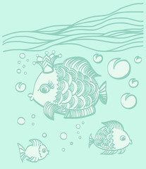 Gold fish with a crown in the sea environment.