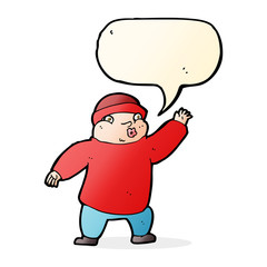 cartoon man in hat waving with speech bubble