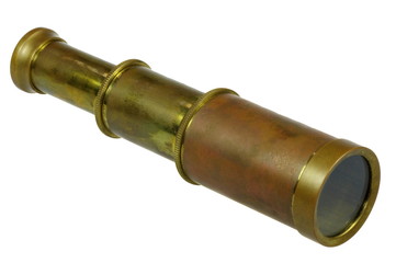Spyglass, brass handheld telescope. On the white background, isolated.