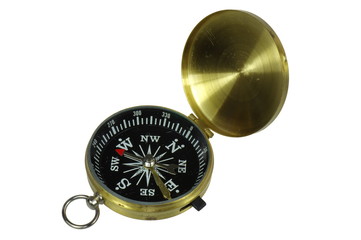 Brass handheld compass on the white background, isolated.