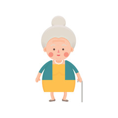 Vector Illustration of Old Woman in Yellow Dress with Walking Stick 