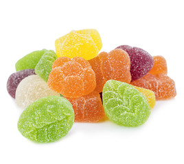 Colourful jelly candies close-up isolated on white background.