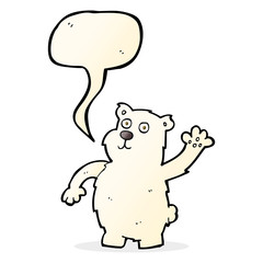 cartoon waving polar bear with speech bubble