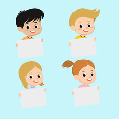 Smiling Kids Holding Blank Boards.Vector and illustration