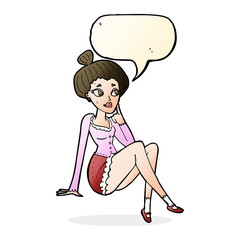 cartoon attractive woman sitting thinking with speech bubble