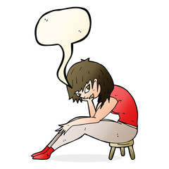 cartoon woman sitting on small stool with speech bubble