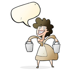 cartoon milkmaid carrying buckets with speech bubble