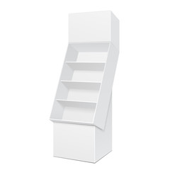 White POS POI Cardboard Floor Display Rack For Supermarket Blank Empty Displays With Shelves Products On White Background Isolated. Ready For Your Design. Product Packing. Vector EPS10 