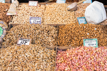 almonds, peanuts, cashews, walnuts, hazelnuts and other nuts. The market in Greece. it is very tasty and the necessary ingredients for any kitchen
