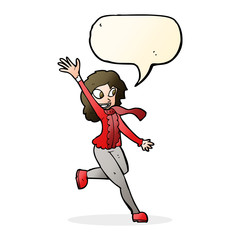 cartoon woman waving dressed for winter with speech bubble