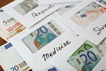Distribution of money, financial planning, euro in envelopes, on wooden table background