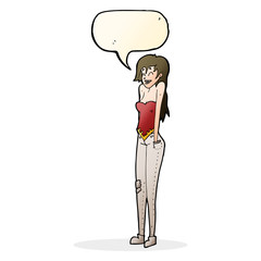 cartoon pretty woman shrugging shoulders with speech bubble