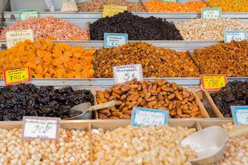 dried fruits, dates, prunes, apricots, figs, raisins, grapes and cashew nuts, hazelnuts, pistachios. The market in Greece
