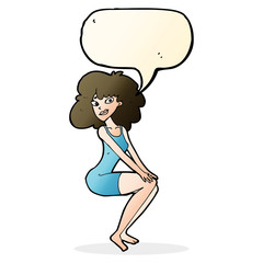 cartoon sitting woman in dress with speech bubble