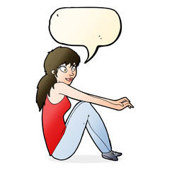 cartoon happy woman sitting with speech bubble
