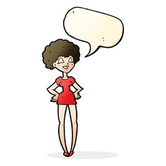 cartoon happy woman with hands on hips with speech bubble