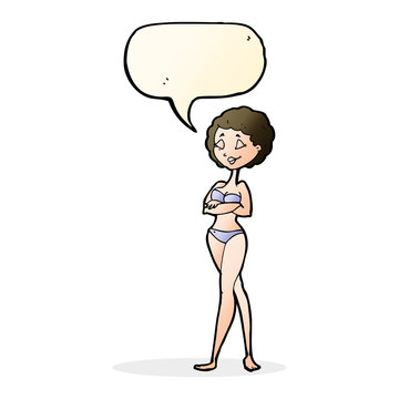 cartoon retro woman in bikini with speech bubble