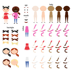 Girl. Parts of body template for design work. Face and body elements. Different human skin colors. Different hairstyles and hair colors. Different clothing options. Vector illustration. Set