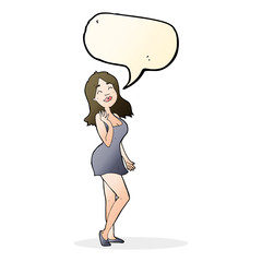 cartoon pretty woman in cocktail dress with speech bubble