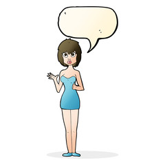 cartoon confused woman in cocktail dress with speech bubble