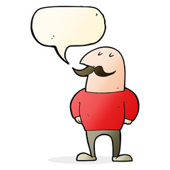 cartoon bald man with mustache with speech bubble