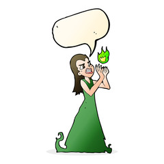 cartoon witch woman casting spell with speech bubble
