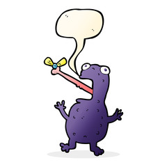cartoon poisonous frog catching fly with speech bubble
