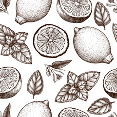 Vintage pattern design with herbal tea ingredients - lemon and mint. Vector seamless background with ink hand drawn herbs and spice sketch.