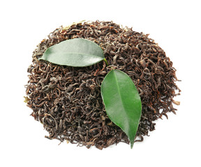 Pile of dry tea with green leaves, isolated on white