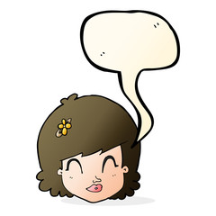 cartoon happy female face with speech bubble