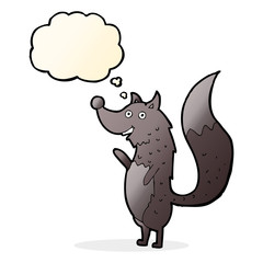 cartoon waving wolf with thought bubble