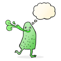 cartoon funny slime monster with thought bubble