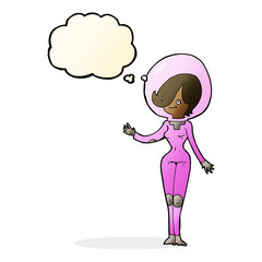 cartoon space woman with thought bubble
