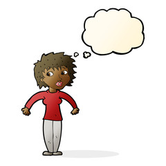 cartoon woman shrugging shoulders with thought bubble