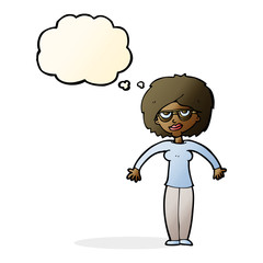 cartoon woman shrugging shoulders with thought bubble