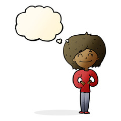 cartoon happy woman with thought bubble
