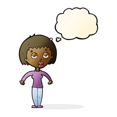 cartoon woman shrugging shoulders with thought bubble