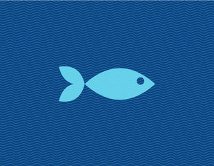Vector flat illustration of fish against line waves