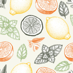 Vintage pattern design with herbal tea ingredients - lemon and mint. Vector seamless background with ink hand drawn herbs and spice sketch.