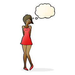 cartoon pretty woman in dress with thought bubble