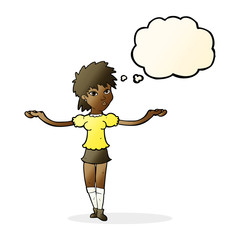 cartoon woman shrugging shoulders with thought bubble